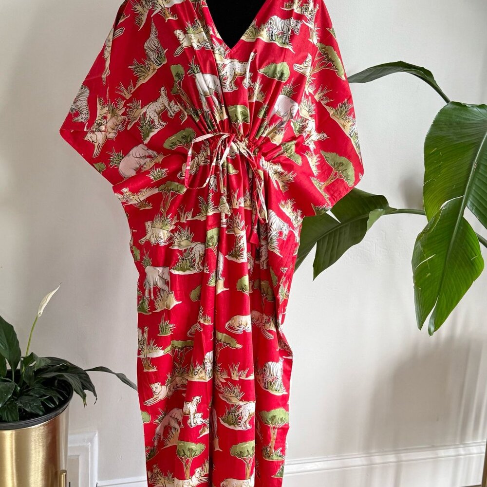 Red Animal-Print V-Neck Swim Coverup with Drawstring Waist